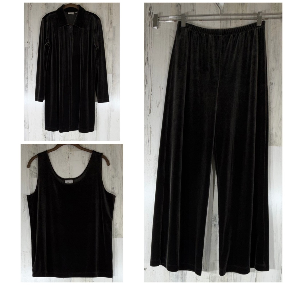 Chicos 3 Pc Velvet Set Size 1 Small Long Line Cardigan Tank Wide Leg Pants READ